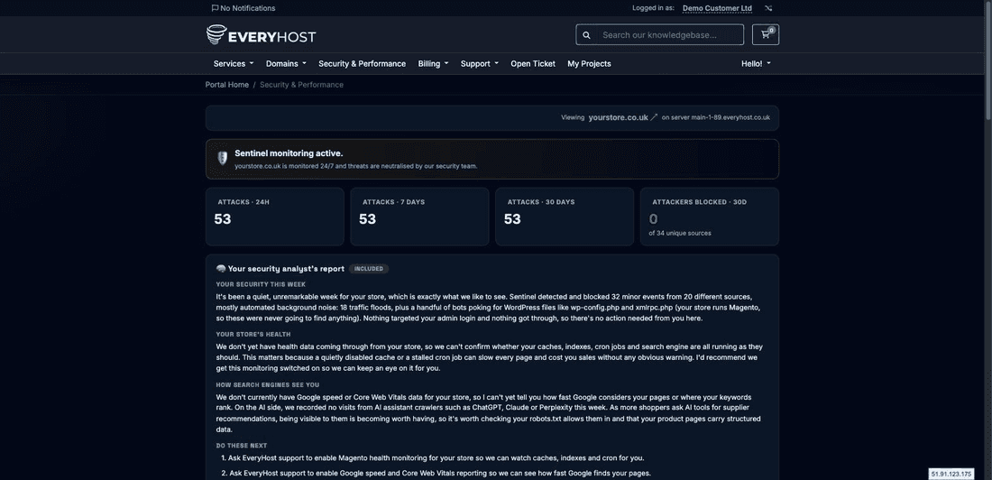 The AI security analyst's report on the Sentinel dashboard — sections for your security this week, your store's health, how search engines see you, and recommended next steps