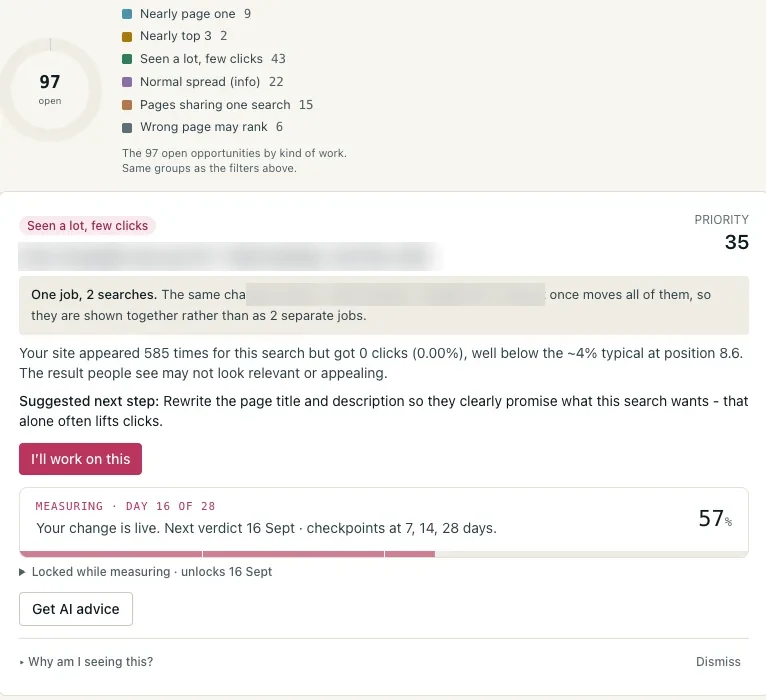 Sondavo opportunity card showing evidence, a suggested next step and a measurement progress bar.