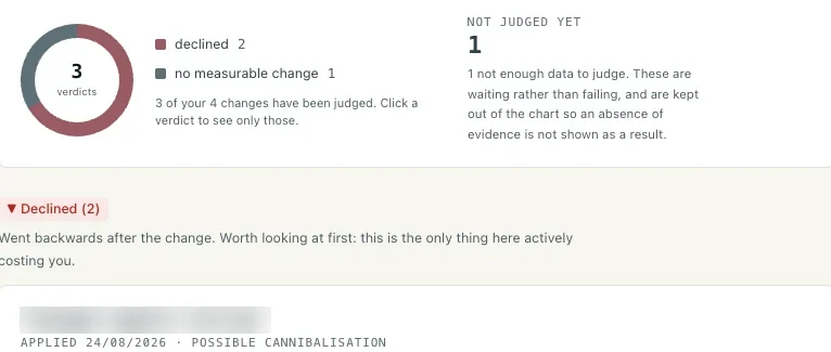 Sondavo outcomes screen with a verdicts chart and a declined change.