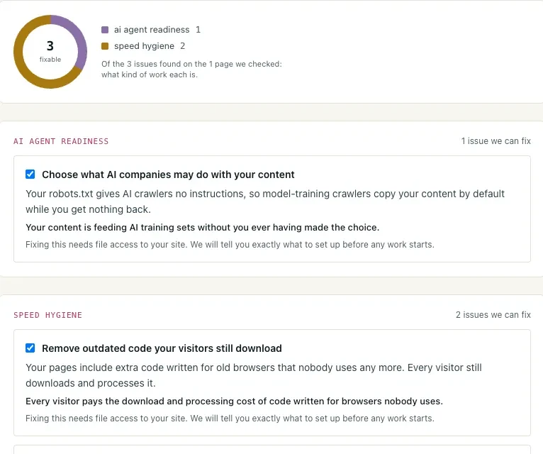 Sondavo site fixes screen listing an AI agent readiness issue and two speed hygiene issues.