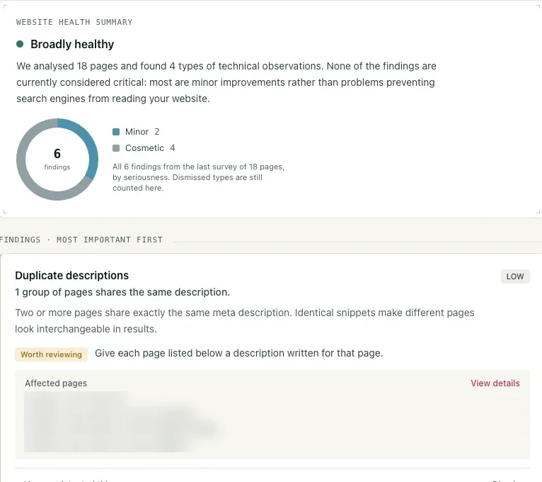 Sondavo website health summary with a findings chart and a duplicate descriptions finding.